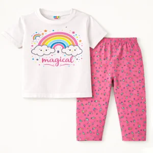 Kids Printed Cotton Half Sleeves Pajama Set Magical White - Mini Charm